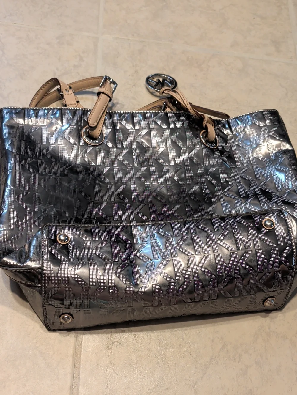 Michael Kors Jet Tote Logo Metallic Silver Tote